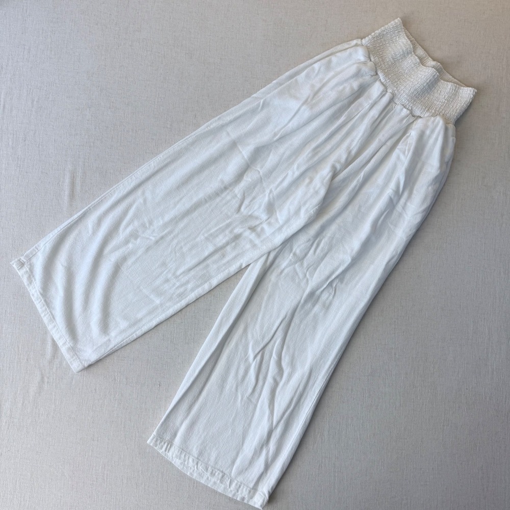 UEU White Linen Blend Smocked Waist Wide Leg Pants Womens Medium Pockets